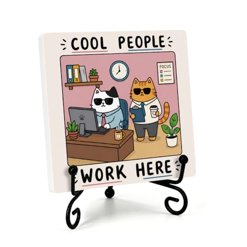 Funny Cat Wooden Plaque for Home Office Book Shelf Table Decor 6.3x6.3 Inch (Multicolor 1712 / Wooden sign with iron frame（6.3 x 6.3 inches）)