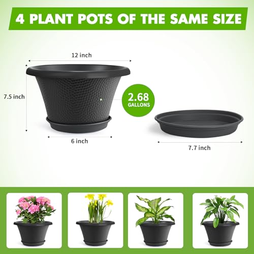 12 Inch Pots for Plants (Diamond Pattern-black / 12 inch-4 Pack)