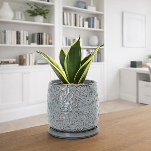 Embossed Leaves Ceramic Planter (5 Inch / Graphite Blue)