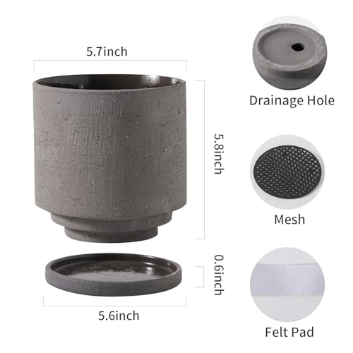 Ceramic Plant Pot with Resin Figure for Idoor Plants (Charcoal Gray+rt / 5.7 Inch)