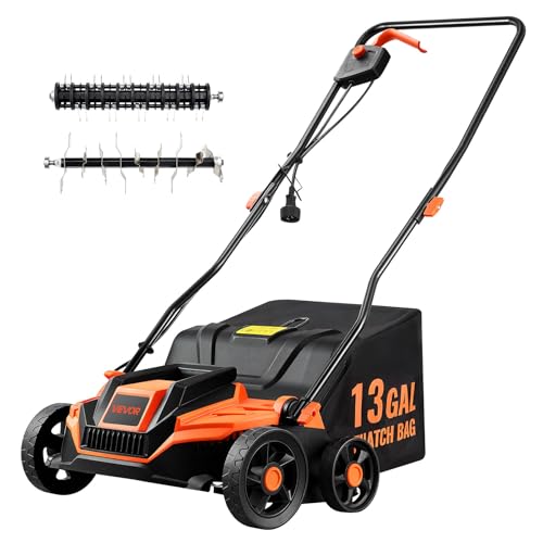 2-in-1 Electric Dethatcher and Scarifier, 13-Inch 13 Amp, Corded Lawn Dethatcher with 13-Gallon Thatch Collection Bag, 5-Position Depth Adjustment, Walk Behind Machine for Garden Yard Grass