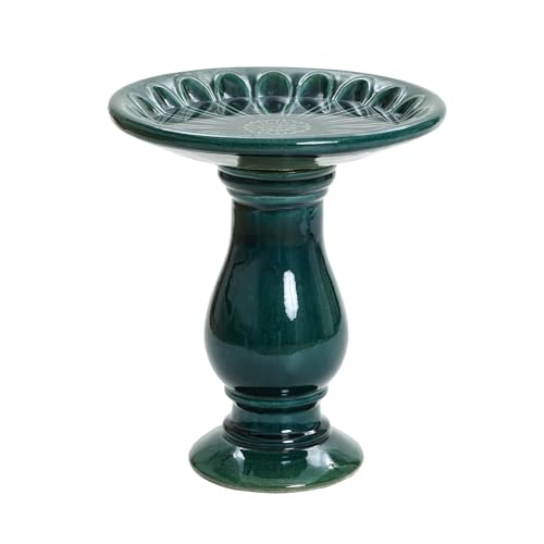 LuxenHome 22 Inch Ceramic Bird Bath for Outside (A Dark Green)