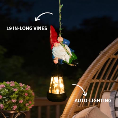 Solar Hanging Gnome Garden Statues Funny Climbing Gnome with LED Lantern (Red Hat Hanging Gnome)