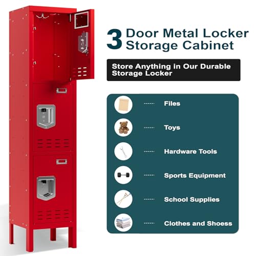 Metal Lockers (Red / 3 Door-(66.15" H x 11.8" W x 11.8" D))