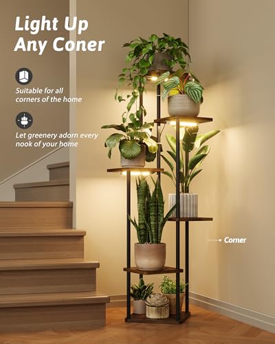 Plant Stand Indoor with Grow Lights Corner Plant Stand (Brown Oak Pro 6 Tier)
