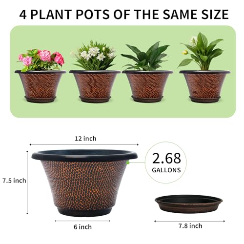 12 Inch Pots for Plants (Diamond Pattern-brown / 12 inch-4 Pack)