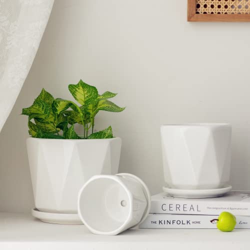 White Ceramic Planter Set of 3 with Drainage and Saucer (Pure White)
