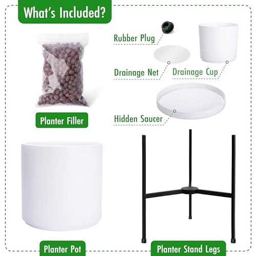 Cylinder Planter Pot with Metal Stand (Large 12 Inch / White)