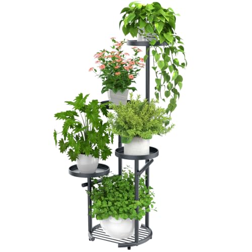 Tall 5 Tier Round Metal Corner Plant Stand Indoor (Gray / 5-Tier Round Base)