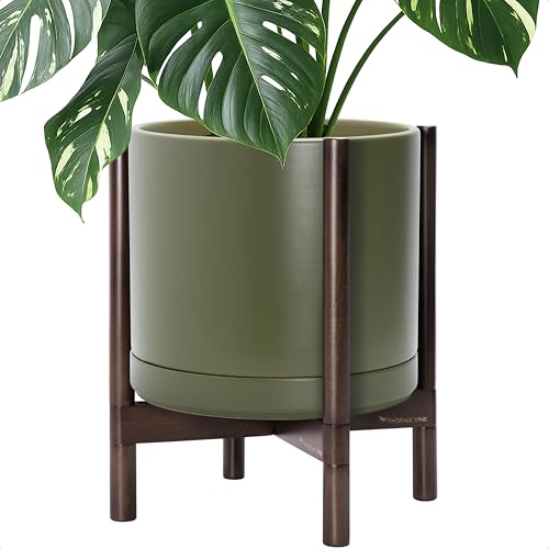 Ceramic Pot with Walnut Wood Stand (14 Inch / Olive Pot + Walnut Color Stand)