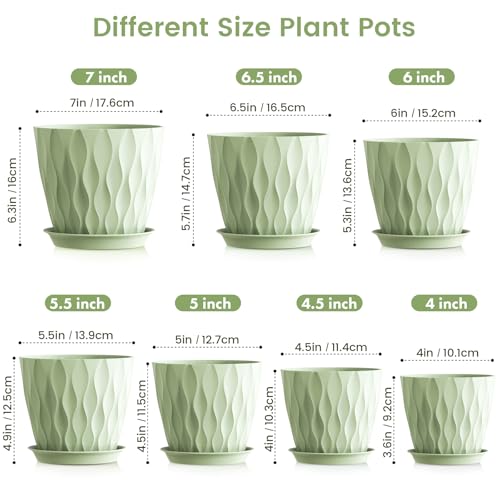 7/6.5/6/5.5/5/4.5/4 inch Plant Pots for Indoor Outdoor Plants, 7 Pack Thick Flower Pots with Drainage Holes and Saucers, Modern Wave Texture Plastic Planter Pots for Nursery, Succulent, Green (Green / 7+6.5+6+5.5+5+4.5+4 inch 7 pieces)