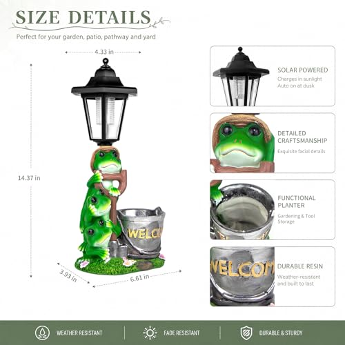 Solar Frog Outdoor Garden Statue with Flowerpot & Lantern (Frog)