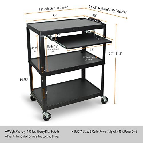 Line Leader Extra Wide Rolling AV Cart (Keyboard Tray / 32" L x 20" D x 42" H)