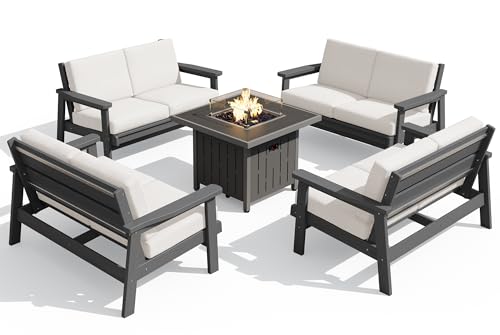 HDPE Patio Furniture Set with 33” Square Fire Pit Table (Grey/Khaki)