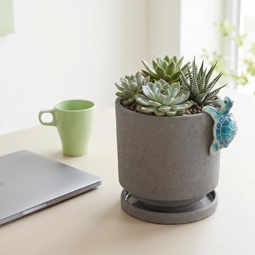 Ceramic Plant Pot with Cute Resin Figure for Idoor Plants (Charcoal Gray+bt / 5.7 Inch)