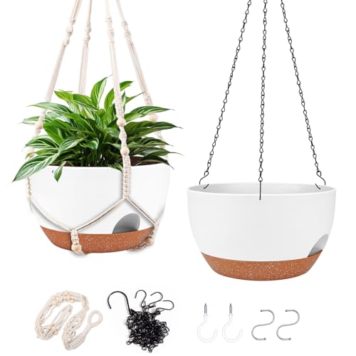 10 Inch Self Watering Hanging Planters with Metal Chain & Macrame Hangers (2 Type Plant Hangers White / 12 Inch)
