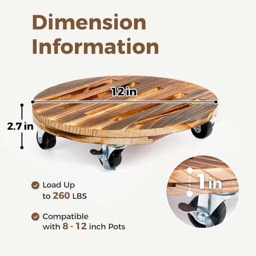 Plant Caddy 12 Inch Wood Dolly with Drainage Tray 2 Pack (Brown / 12inch-Round-2pack-Tray)