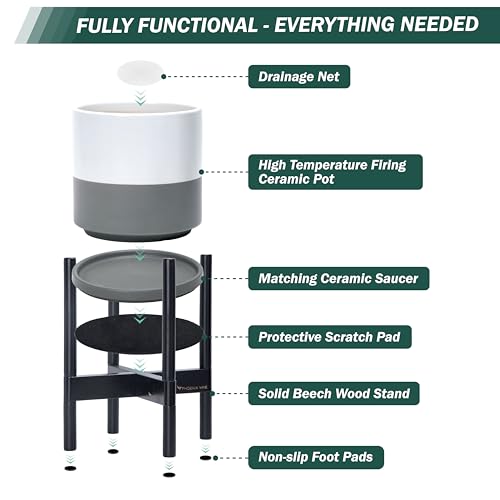 Ceramic Pot with Ebony Wood Stand (14 Inch / White/Grey Pot + Ebony Stand)