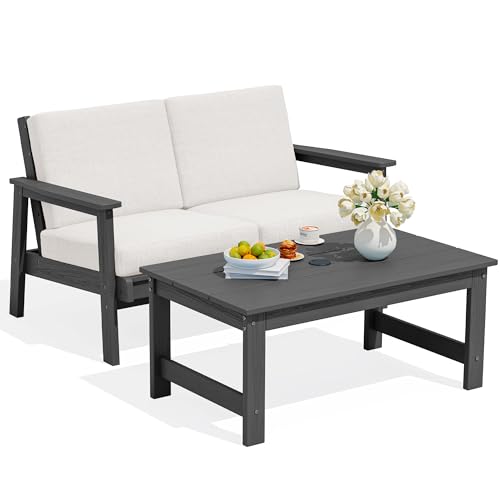 Outdoor Loveseat with Coffee Table (Grey/Khaki)