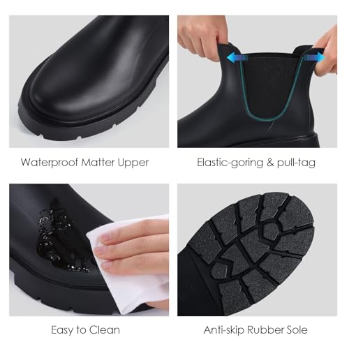 Women's Ankle Rain Boots Waterproof Chelsea Boots (9-9.5 / Platform Black)