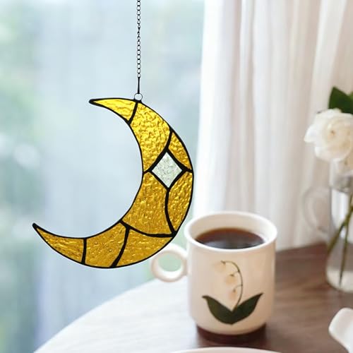 Yellow Moon Stained Glass Window Haninging Handcrafted Art Suncatchers (Yellow Moon)
