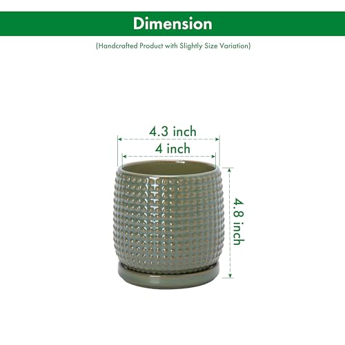 Beaded Ceramic Pot with Saucer (4.3 Inch / Olive)
