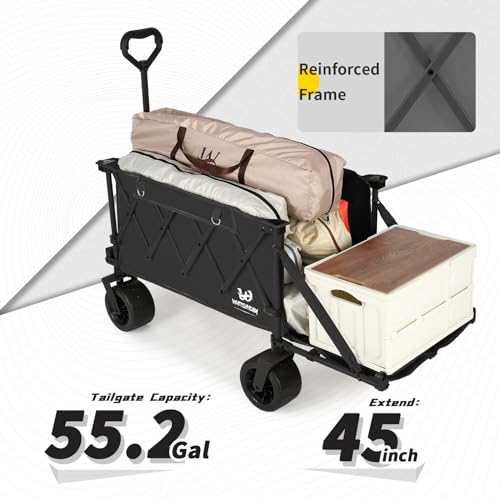 Collapsible Folding Wagon Heavy Duty Utility Beach Wagons with Opened Tailgate and All (Black / No Table)