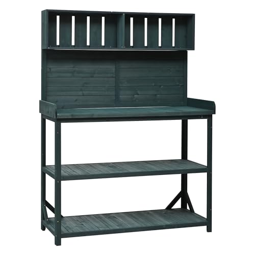65" Large Wooden Farmhouse Rustic Outdoor Potting Bench Table with 4 Storage Shelves and Side Hook (46.9 inch Length / Forest Green)