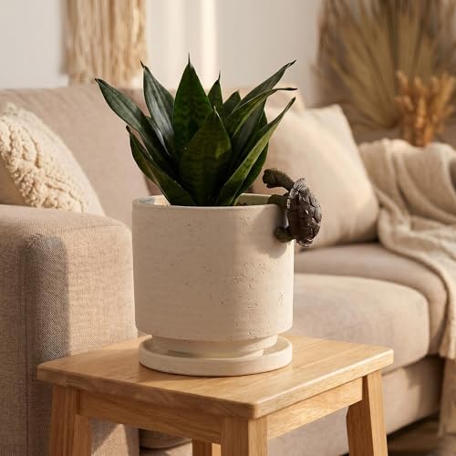 Ceramic Plant Pot with Resin Figure (White+rt / 5.7 Inch)
