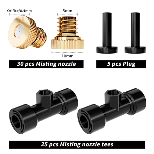 Misting Nozzles Kit Include 30 Pcs Misting nozzle 25 Pcs Misting 5 Pcs Plug nozzle tees for Outdoor Spray Cooling System (60)