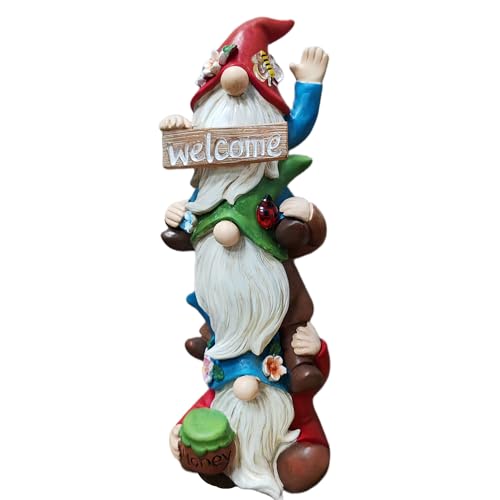 Garden Triple Stacked Gnome Statue with Solar Light Outdoor Decor (Solar Gnome)