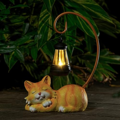 Outdoor Cat Figurine Garden Statue with Solar (Yellow)