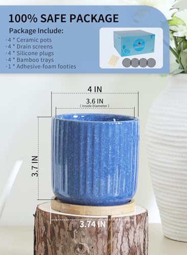 4 Inch Cylinder Ceramic Plant Pots with Trays (Blue(4inch))