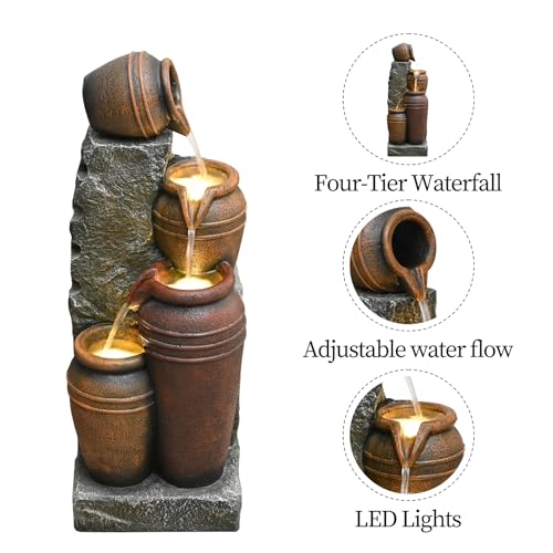 34'' Outdoor Garden Water Fountain with Lights (Brown 34in)