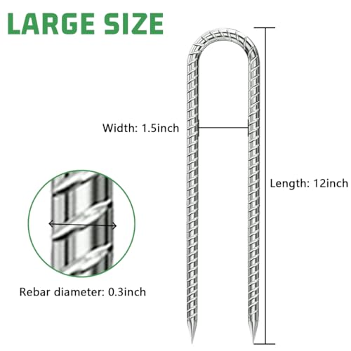 Rebar-Stakes-12-Inch, Ground Stakes Heavy Duty U-Hook Galvanized Anti-Rust Ground Anchors for Camping Tent Trampoline Accessories Dog Fence Chicken Coop Deer Fence 10pcs (10pcs / Silver-U-HOOK)