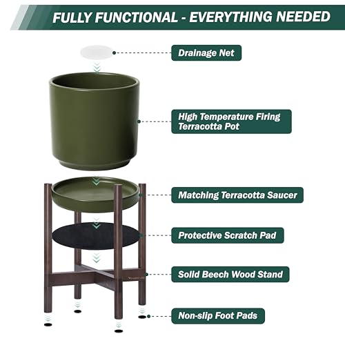 Ceramic Pot with Walnut Wood Stand (14 Inch / Olive Pot + Walnut Color Stand)