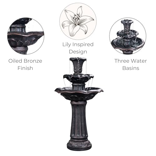 Lily Flower Floor Pedestal 3 Tiered Floor Waterfall Fountain with Pump for Outdoor Patio Garden Backyard Decking (38")
