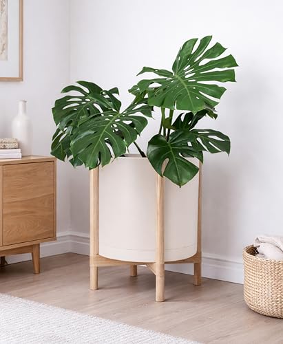 Plastic Pot with Natural Wood Stand (Oatmeal Pot + Natural Stand / 16 Inch)