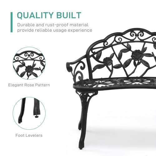 38.5" Patio Park Garden Outdoor Metal Rose Bench (Black / Rose)