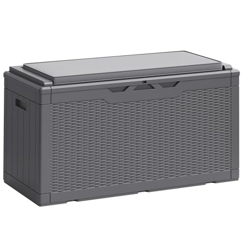 100 Gallon Resin Deck Box Large Outdoor Storage Boxes with Cushions for Garden Tools (Gray / 100 Gallon)