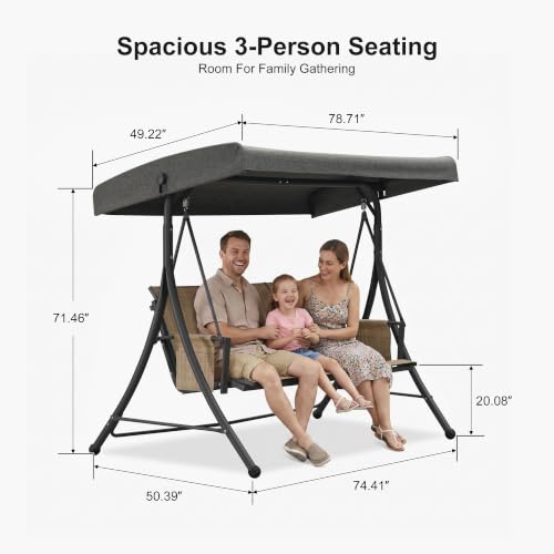 3 Seat Outdoor Porch Swing with Adjustable Canopy (Camel(textilene) / Porch Swing)