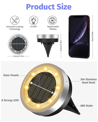 2.1 inch Mini Solar Ground Lights 16 Pack Outdoor IP65 Waterproof Solar Flat Garden Light Anti (16 Count)