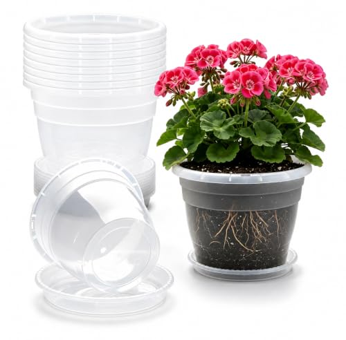 10 Pack 8 Inch Clear Nursery Pots with Drainage Holes & Saucers (Clear / 8 inch)