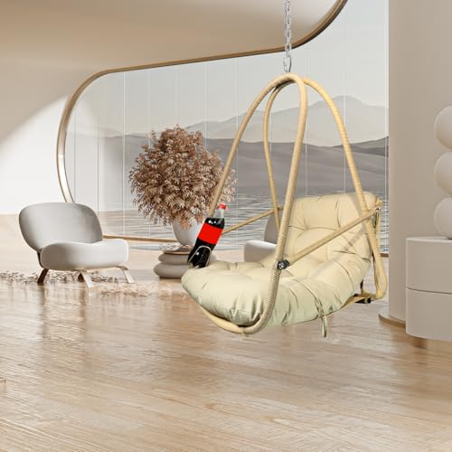 Swing Egg Chair with Stand Foldable Wicker Frame UV Resistant Waterproof Cushion Hanging Chairs with Cup Holder 350lbs Capacity Swing Hammock Chairs for Patio Bedroom Indoor Outside (Beige)