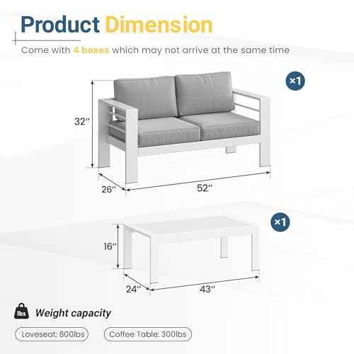 Aluminum Patio Furniture Set for All Weather (Light Grey / Loveseat+Wood Top Table)