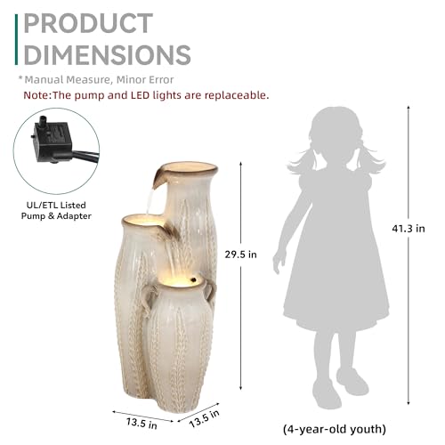 30" Ceramic Vase Water Fountain Outdoor with LED Lights (Beige Glaze Cascading Vase 29.5"h)