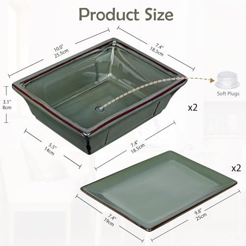 Set of 2 Large Bonsai Pots with Drainage Tray (Green / 10"x7.4"x3.1")