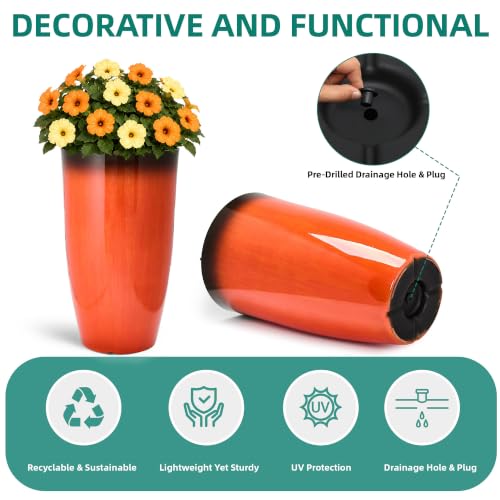 Autodaya 24" Faux Ceramic Large Planters for Outdoor Plants (24"-gradient Orange & Black)