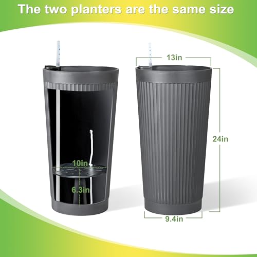 Set of 2 Large Round Tall Planter for Indoor or Outdoor 24" Flower Pots for Porch (Round Ribbed Gray / 24")