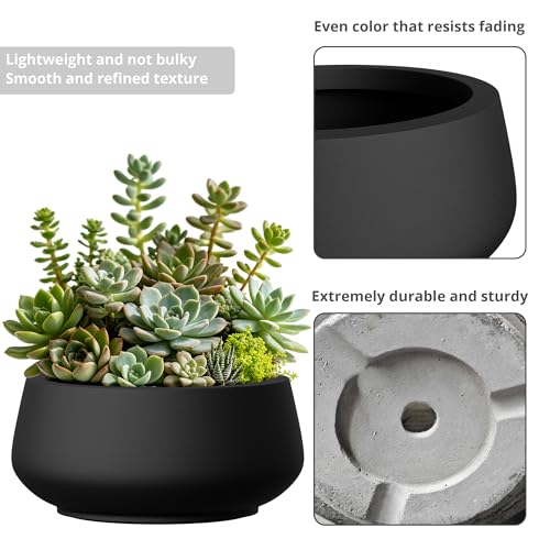 Set of 3 Black Concrete Shallow Planters 21.6" 16.9" 12.5" Dia (Black / 21.6",16.9",and 12.5" Dia)